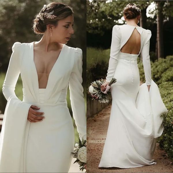 

simple crepe long sleeve mermaid wedding dresses 2023 open back v neck modern boho outdoor country bridal gowns, White