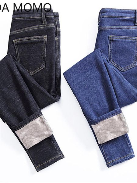 

jeans winter streetwera thick cashmere jeans woman casual warm velvet pencil pants vintage high waist skinny denim trousers, Blue