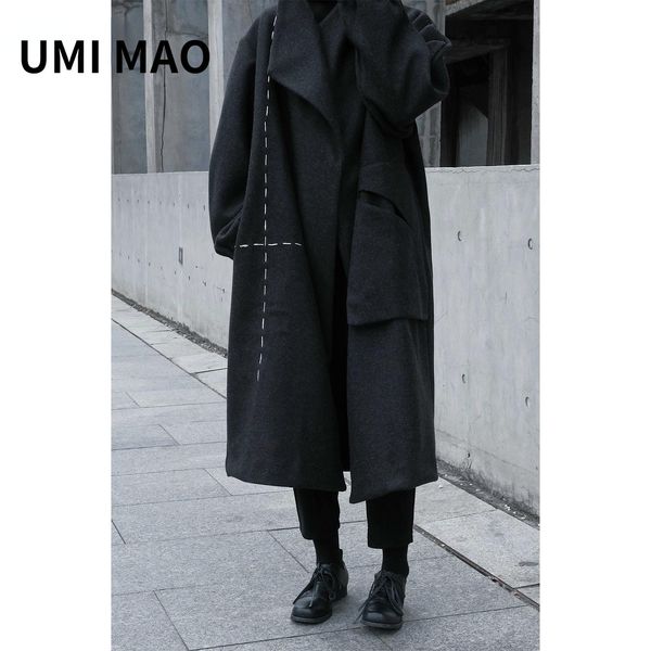 

fur umi mao yamamoto dark niche handmade thick bright line silhouette thick standup collar midlength woolen coat y2k, Black