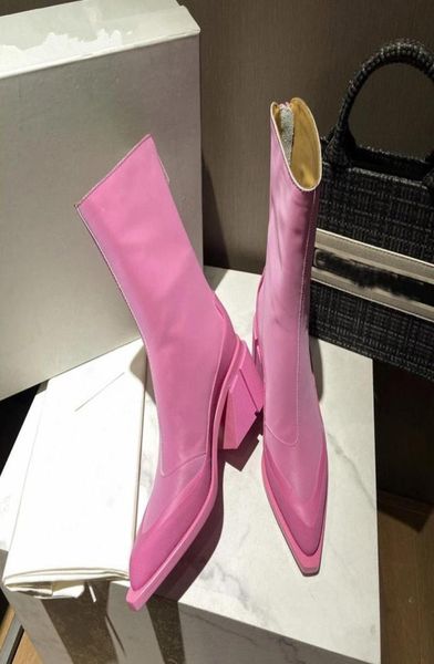 

genuine leather pink high heel shoes women boots zip chunky boot woman shoe pointed toe black white botas winter8968215