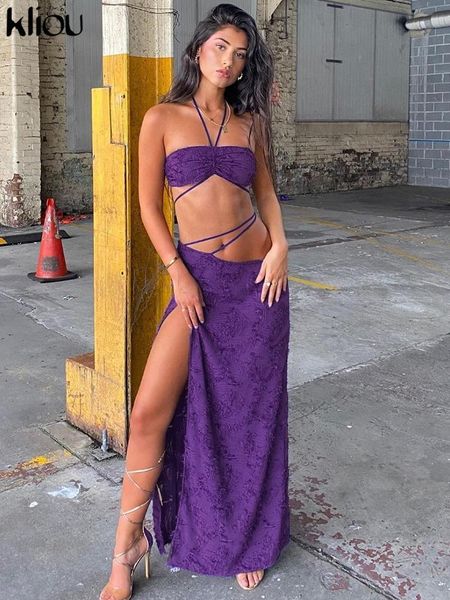 

dress kliou elegant frayed two piece set women skinny wrapped chest halter lace up crop + straight bandage side split skirt, White