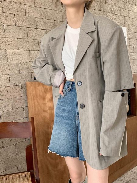 

pants jmprs design sleeve hollow blazers womens single breasted loose striped jacket suit fall 2022 new fashion baggies ladies, White