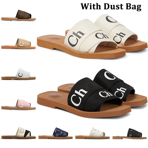 

2023 designer woody slippers sandals for women mules flat slides light tan beige white black pink lace lettering fabric canvas womens summer