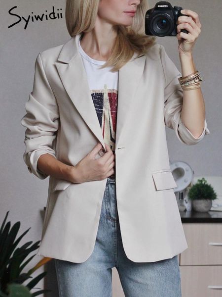 

pants syiwidii casual blazer women office ladies jacket notched collar single button long sleeve casual vintage outwear stylish, White