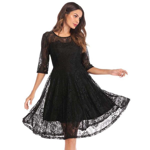 

wholesale dress womens clothing round neck 3 4 sleeves wide hem lace vintage, Black;gray