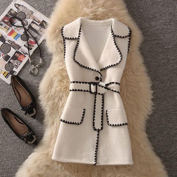 

vests vintage midlength faux mink cashmere vest jacket women korean belted knitted sweater waistcoat casual sleeveless chaleco mujer, Black;white
