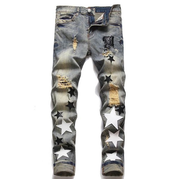 

designer jeans mens skinny jeans purple jeans womens pants black white jeans long hippop sticker embroidery slim denim straight, Blue