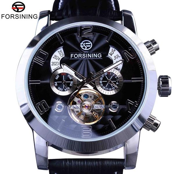 

forsining tourbillion fashion wave dial design multi function display men automatic watch brand luxury mechanical wristwatch199i, Slivery;brown