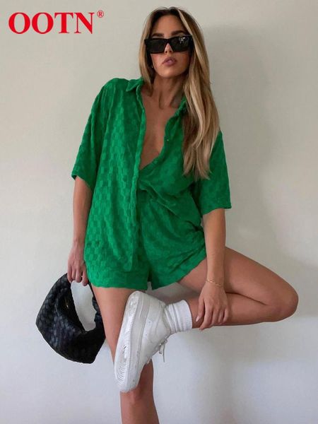

dress ootn summer street plaid shorts sets 2 pieces cotton lapel shirts knit casual outfit elastic waist straight shorts women suits, White