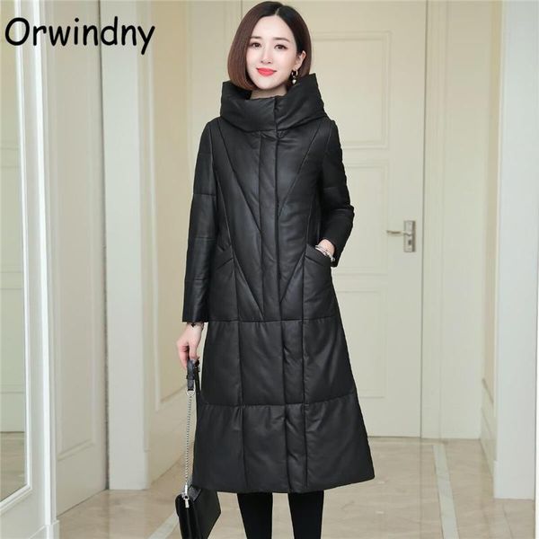 

leather orwindny black long jackets for winter hooded women warm parkas snow wear office lady thick wadded coats waterproof clothing