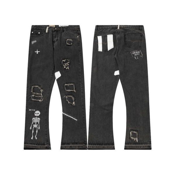 

designer clothing denim pants galleryes depts ink splashing graffiti micro horn structure splicing casual loose jeans long men's women&, Blue