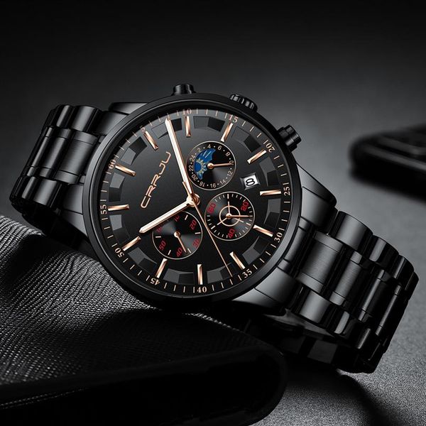 

2020 crrju mens watches brand luxury sport quartz all steel male clock military camping waterproof chronograph relogio masculi291e, Slivery;brown