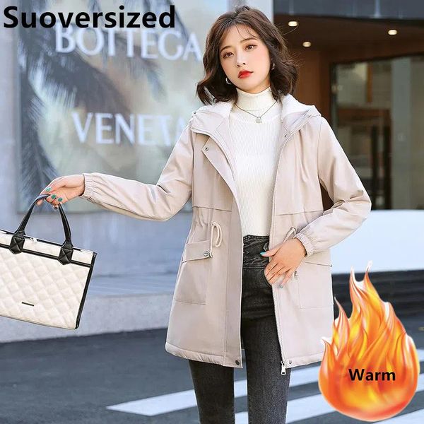 

leather add velvet thicken hooded mid length cotton padded parkas for women winter loose oversized 4xl long coats korean casual jackets, Black