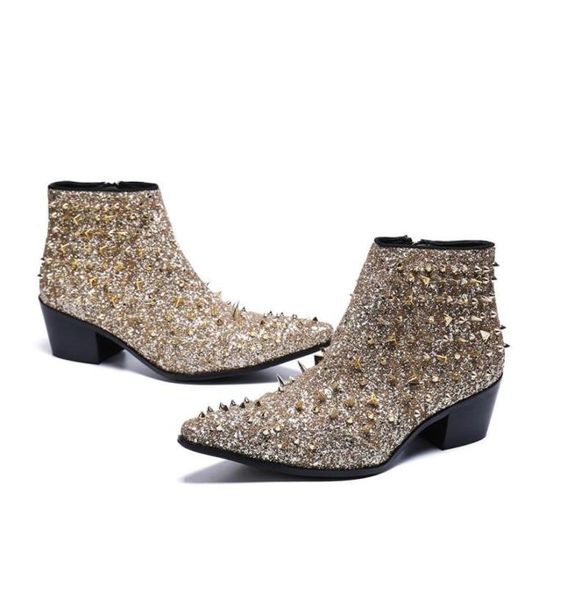 

genuine leather men ankle boots gold rivets short male paty prom shoes male party wedding dress shoes plus size5133233, Black