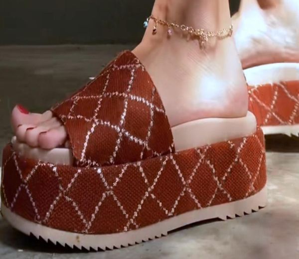 

womens fashion mid heel slippers 55mm height platform sandals maxi canvas platform slides shopno2310643, Black