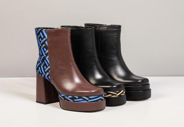 

2021 lady sheepskin leather half boots square 13cm chunky high heels solid zipper 6cm platform ankle booties round toes roman mart3825137, Black