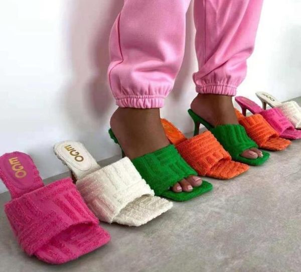 

slippers square toe thin heel high heels flannel plush fashion women designer luxury slides terry cloth sandals5634781, Black