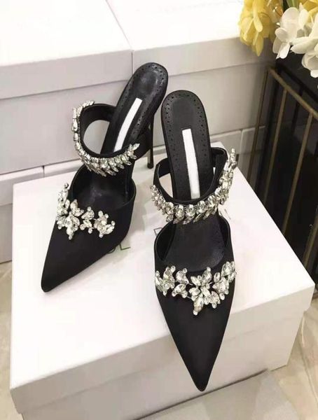 

italy shoes fashion pumps lurum black satin crystal embellished mules wedding party 90mm heel7106701
