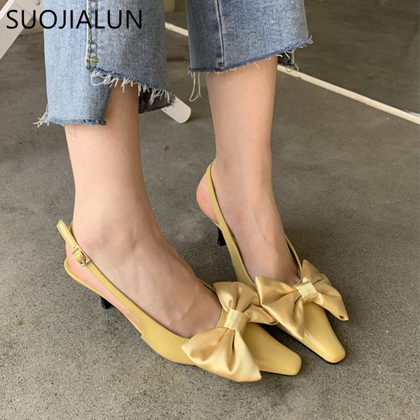 

sandals suojialun spring brand women sandal fashion big bow-knot shallow slip on ladies slingback shoes thin high heel pumps 230419, Black