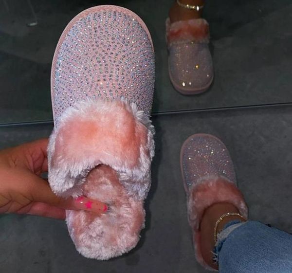 

winter slippers women fur slides warm plush home shoes rhinestone furry slippers ladies indoor bedroom shoes zapatos de mujer 20117393313, Black