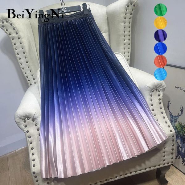 

dresses beiyingni 2022 pleated midi skirts womens satin tie dye gradient high waist long skirt stylish casual elegant faldas female jupe, White;black