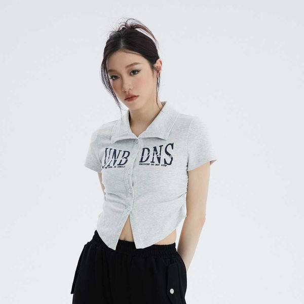 

cardigan pleated button design with irregular hem women's summer foam letter short sleeved t-shirt, White