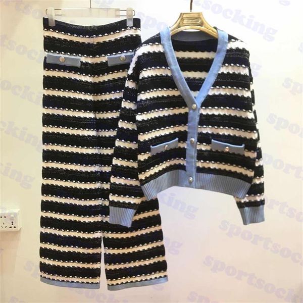 

striped cardigan pants set v neck womens coat trousers gold thread design two colors251v, Black