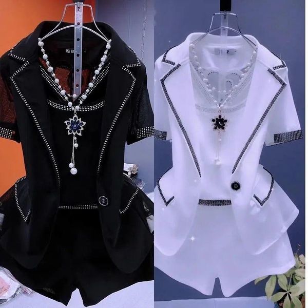 

dress women's 2022 new summer highend fashion outfits and suit collar short sleeve solid coat pop shorts two piece set women clothing, White