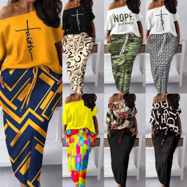 

womens designer clothing two piece dress 2023 new print off shoulder casual half skirt set, White