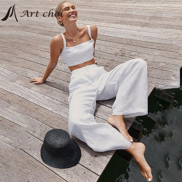 

pants 2022 summer two piece set tracksuit casual outfit camisole vest suits women cotton linen tank wide leg pants 2 piece sets, White