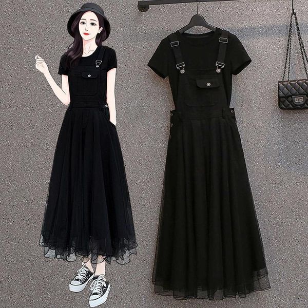 

dress summer casual woman two piece sets solid black oneck tshirt and gauze mesh suspender strap skirt female elegant suit m4xl, White