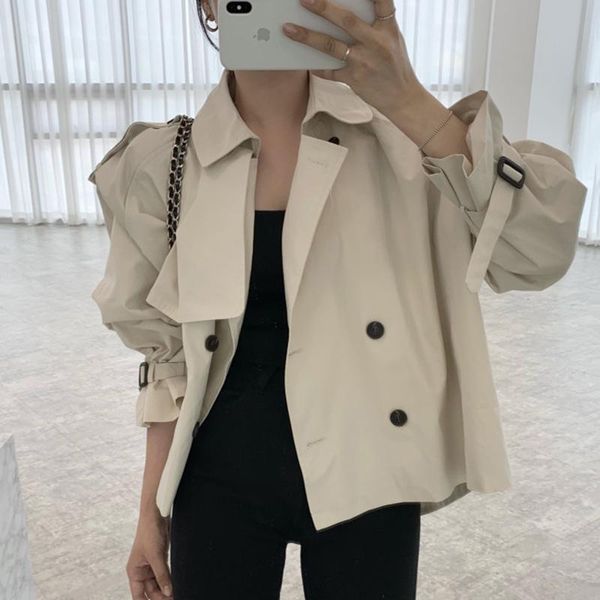 

raincoats korean chic spring autumn double breasted women trench coat loose short sleeved windbreaker streetwear casual women jackets, Black