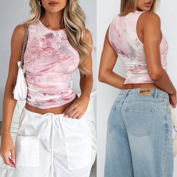 

women's tanks women summer basic tank fashion print round neck crop skinny t-shirt for club streetwear, White