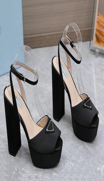 

fashion satin sandals designer triangular buckle decoration chunky heels womens shoes high heeled leather sole platform heel roman5753561, Black