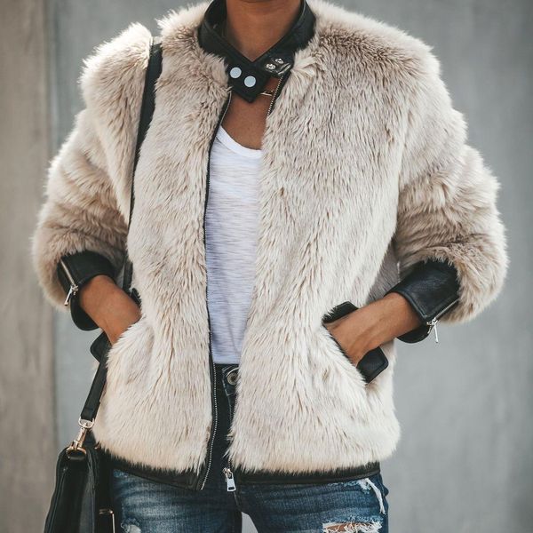 

jackets women winter warm fleece plush coat jacket ladies faux fur long sleeve oversize outwear, Black;brown