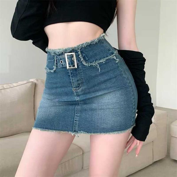 

s houzhou denim mini for women summer vintage gyaru belt patchwork high waist aline r edge slim pencil skirt korean aa230420, Black