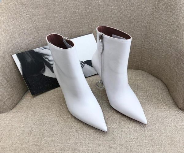 

amina muaddi giorgia white heeled ankle boots cubic stiletto heel pointed toes side zipper leather outsole booties for women luxur1841250, Black