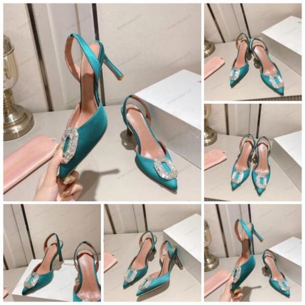 

amina muaddi womens sandals leather sole designer high heels 10cm diamond chain decoration banquet women shoes silk wedding formal slippers, Black