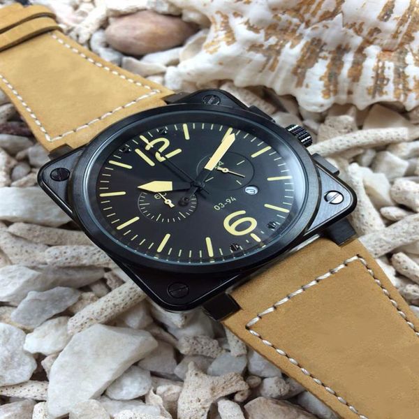

limited pvd black edition men watch sport quartz chronograph sapphire glass high brown leather belt 03-94 radar watches289u, Slivery;brown