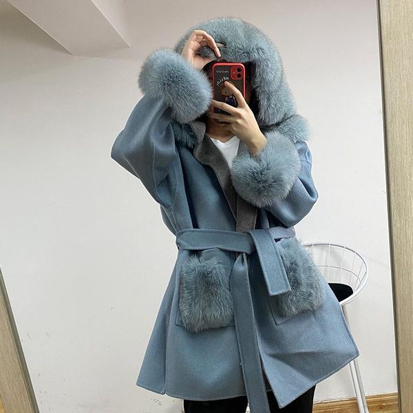 

fur famous style big real fur pockets real cashmere wool coat hoodie ladies natural fox fur coats outwear, Black