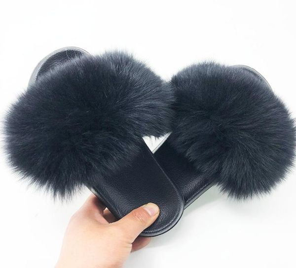 

summer child fox fur slippers ladies fur slides female furry slippers women fluffy shoes woman flip flops kids fur sandals girl s23900550, Black