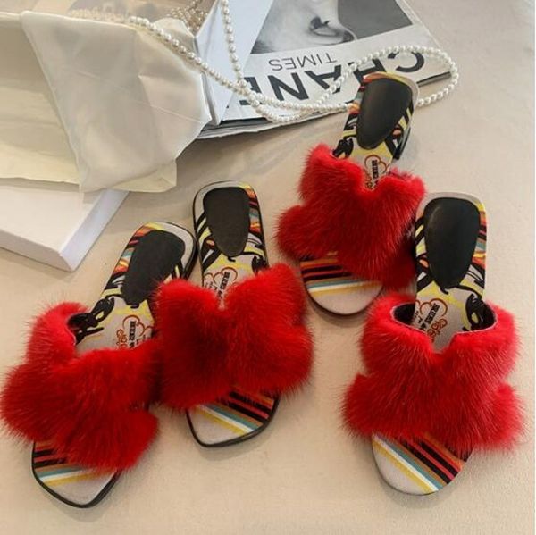 

red white fur slippers summer women slides high chunky heel outdoor fashion lady slides, Black