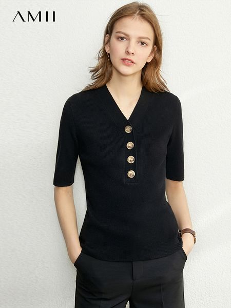 

women's t-shirt amii minimalist t-shirt for women spring half sleeve v-neck slim knitted office lady t shirt fashion clothing 1014 230, White
