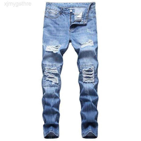 

new men's jeans cotton pants hole casual slim men trend denim hombre letter star man embroidery patchwork pant for brand skinny motorcy, Blue