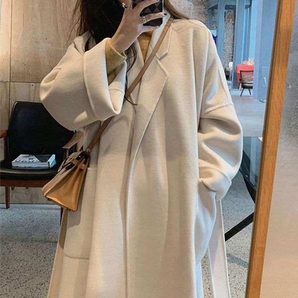 

fur 2022 autumn wool coats women open stitch design long coats women elegant woolen coat veste femme abrigo mujer, Black