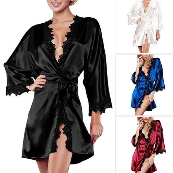 

women's sleepwear summer women satin lingerie robe dress nightwear underwear g-string black white plus size s-2xl222b, Black;red