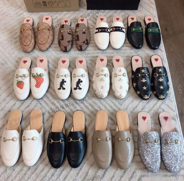 

2022 fashion designer women fur slippers bee loafers genuine leather mules princetown woman metal buckle chain lazy slides casual 7857160, Black