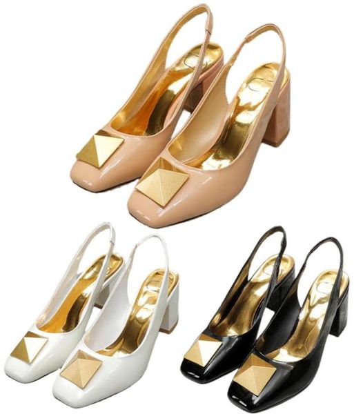 

luxury womens shoes cattle coat of paint metal decoration chunky heel 55cm classic brand heels fashion single s4010743, Black