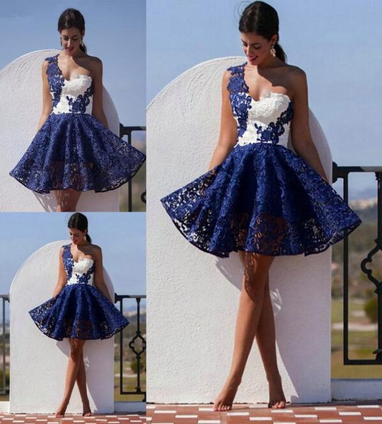 

short navy blue and white cocktail dress one shoulder lace women wear evening dresses party prom dresses7406102, Black