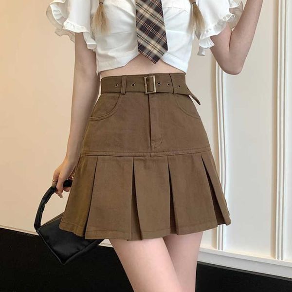 

s houzhou denim pleated women vintage preppy style korean cute high waist aline brown mini skirt with belt summer casual aa230420, Black